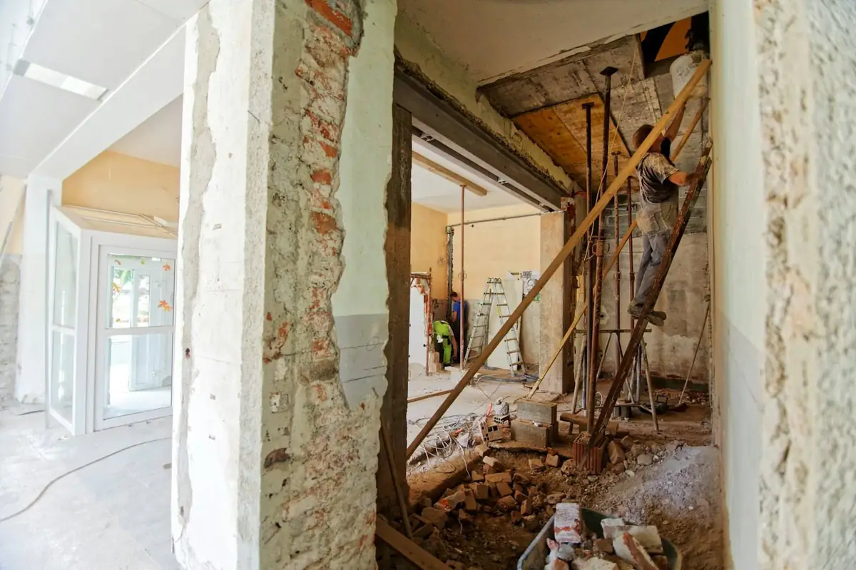 Renovation in progress inside a limestone townhouse