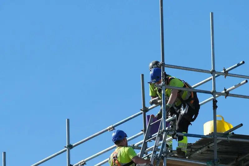 Workers in hard hats and harnesses on scaffolding